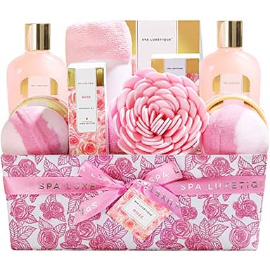 Spa Luxetique Spa Gift Baskets for Women, 12 Pcs Rose Presents Set with Bubble Bath, Bath Bombs, Body Lotion, Hand Cream, Christmas Gift Basket for Mom - Image 1