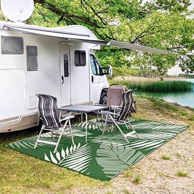 GENIMO Outdoor Rug 9' x 12' Waterproof for Patios Clearance, Reversible Outdoor Plastic Straw Camping Rug Carpet, Large Area Rugs Mats for RV, Picnic, Backyard, Deck, Balcony, Porch, Dark Green&White - Image 5