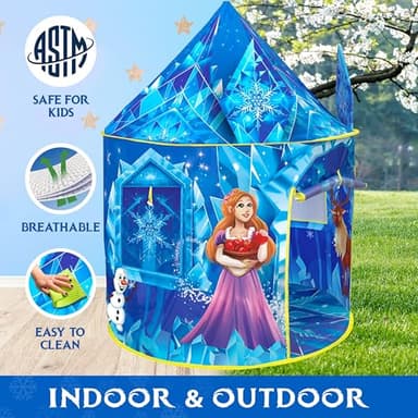 W&O Frozen Princess Tent for Girls with Magical Sound Button, LED Lights, Crown & Wand – Indoor & Outdoor Frozen Tent for Girls Ages 3-7 - Image 6