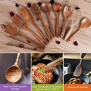 Kitchen Utenails Set with Holder,Kitchen Wooden Utensils for Cooking, Wood Utensil Natural Teak Wood Spoons for Cooking,Wooden Kitchen Utensil Set With Spatula and Ladle (11) - Image 3