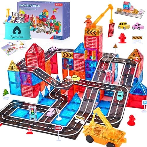 Magnetic Tiles Road Set with Car Crane and Toy Figurine, Construction Tiles Building Blocks Set for Kids Birthday Gifts, Educational STEM Sensory Toys for 3 4 5 6 7 8+ Year Old Toddlers Boys Girls - Image 1