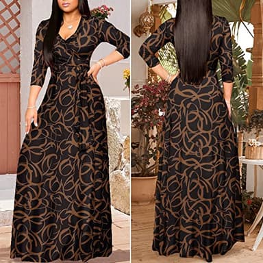 FANDEE Plus Size Maxi Dress for Women - Casual Summer Sundress V-Neck 3/4 Sleeve Brown Corrugated M - Image 5