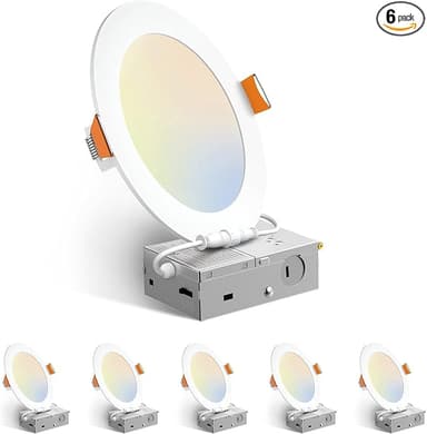 Amico 6 Pack 6 Inch 5CCT Ultra-Thin LED Recessed Ceiling Light with Junction Box, 2700K/3000K/3500K/4000K/5000K Selectable, 12W Eqv 110W 1050LM Brightness Dimmable Canless Wafer Downlight, ETL & FCC - Image 1