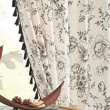 JINCHAN Linen Blend Curtains Floral Curtains for Living Room 84 Inches Long Printed Curtains with Tassels Rod Pocket Farmhouse Rustic Peony Flower Patterned Drapes Bedroom Window Curtains Set 2 Panels - Image 8