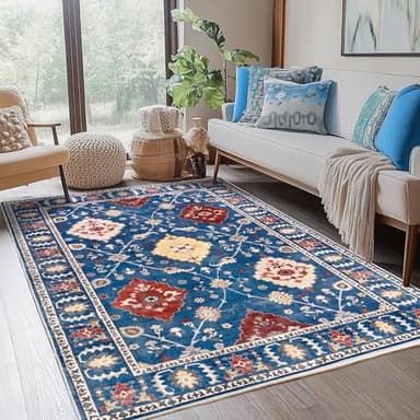 Quntue 5x7 Blue Area Rug, Machine Washable, Non Slip, Vintage Floral, Living Room, Bedroom, Dining Room, Entryway - Image 2