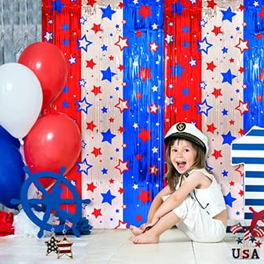 LOLStar 4th of July decorations, 3 Pack Red White Blue Decorations, 3.3x6.6ft Star Pattern Tinsel Foil Fringe Curtains, Photo Booth Props Backdrop for Memorial Day, Patriotic, USA Party Decor Supplies - Image 3