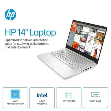 HP 2025 Latest 14" HD Laptop Computer, Intel Processor N150, 16 GB RAM, 384 GB Storage(128GB UFS+256GB MSD), with Office Lifetime License, Copilot AI, Wi-Fi 6, Webcam, Windows 11 Pro, w/Accessories - Image 2
