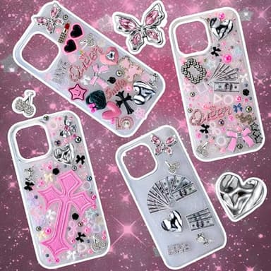XHYMIA Junk Case Charms Kit, Junk Phone Case with Big Charms, Nail Bow Pearl Flatback Resin Charm for DIY Crafts Silver Pink - Image 3