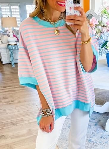 SHEWIN Summer Tops for Women 2025 Short Sleeve Shirts Trendy Loose Crewneck Oversized Tshirts Striped Color Block Cute Top Womens Fashion T Shirt Pink Stripe L - Image 3