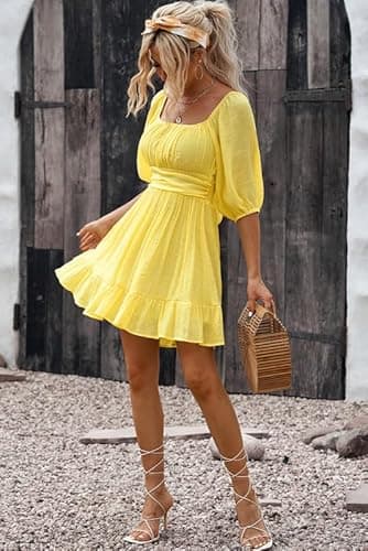 Dokotoo Womens Yellow Sexy Dress Square Neck Shirred Elastic Waist Lantern Sleeve Ruffle Tie Back A-Line Mini Dress Casual Summer Dresses for Women Large - Image 5