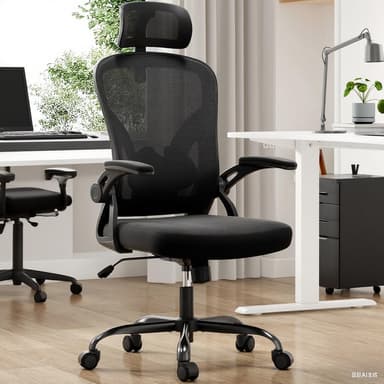 Black Study Chair, 350lbs Weight Capacity - Mesh Office Chair with Flip-Up Arms, Adjustable Headrest & Lumbar Support, Suitable for Home, Office - Ideal as Home Office Chair & Desk Chair - Image 2