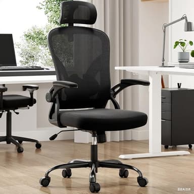 Black Study Chair, 350lbs Weight Capacity - Mesh Office Chair with Flip-Up Arms, Adjustable Headrest & Lumbar Support, Suitable for Home, Office - Ideal as Home Office Chair & Desk Chair - Image 1