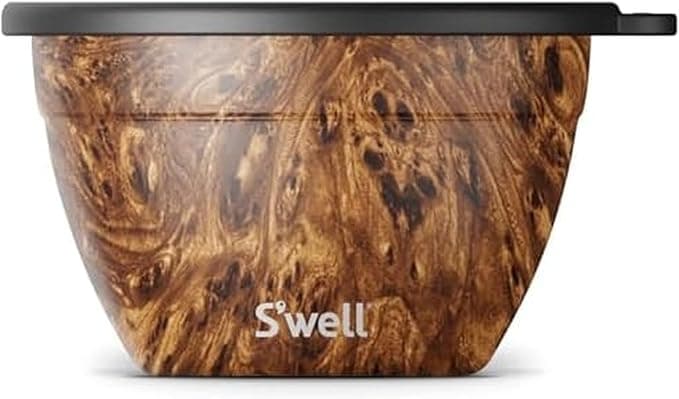 S’well Stainless Steel 64oz Salad Bowl Kit, Teakwood Finish, Includes 2oz Condiment Container and Removable Tray, Leak-Proof and Easy to Clean, Dishwasher Safe - Image 1