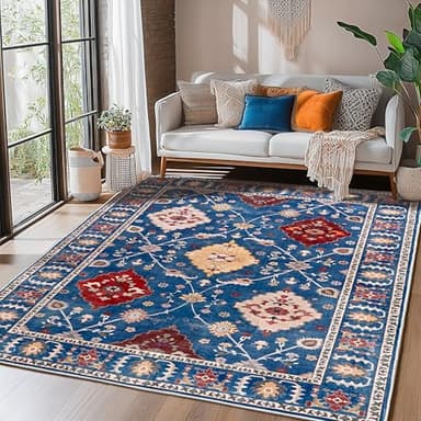 Quntue 5x7 Blue Area Rug, Machine Washable, Non Slip, Vintage Floral, Living Room, Bedroom, Dining Room, Entryway - Image 6