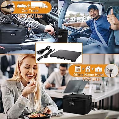 Aotto Portable Oven, Electric Lunch Box Food Heater - 12V/24V/110V 3-in-1 Car Food Warmer - Mini Personal Microwave Heated Lunch Box Warmer for Car, Truck, Travel, Office & Home Use - Black - Image 2