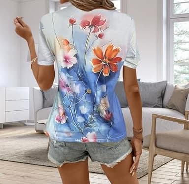Huovud Women's Floral T Shirts Crew Neck Short Sleeve Summer Casual Tops (White, Medium) - Image 4