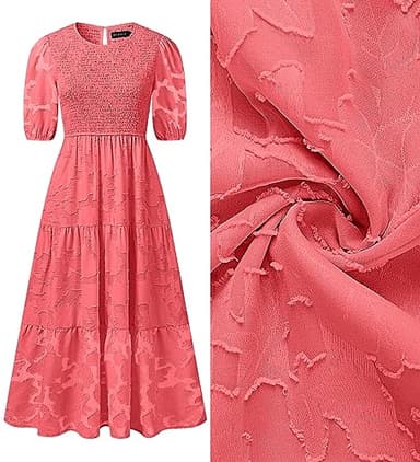ZESICA Women's 2025 Summer Short Puff Sleeve Crewneck Smocked Floral Lace Flowy A Line Tiered Maxi Dresses,Watermelon,Large - Image 5