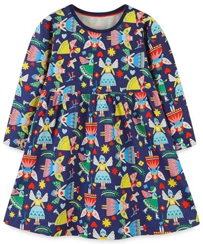 Hongshilian Little Girls Cotton Cartoon Appliques Casual Dress Long Sleeve Jersey Party Shirt Dresses(7T,Princess & Navy) - Image 1