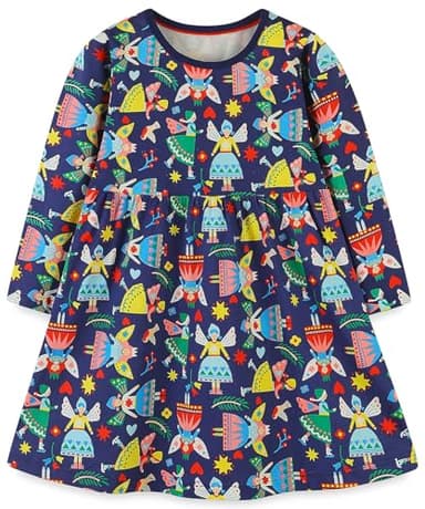 Hongshilian Little Girls Cotton Cartoon Appliques Casual Dress Long Sleeve Jersey Party Shirt Dresses(7T,Princess & Navy) - Image 1