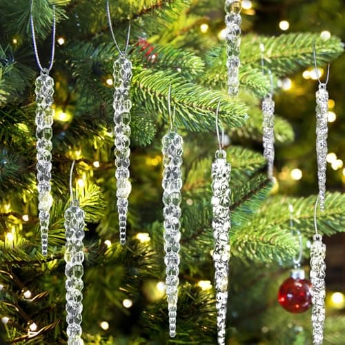 Jishi 24pk Christmas Icicle Ornaments for Christmas Tree Decorations, Hanging Acrylic Crystal Christmas Ornaments 5.1" Clear Plastic Icicles for Christmas Tree, Winter Wonderland Decorations Supplies - Image 1