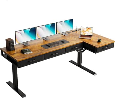 OffiGo 63 Inch L Shaped Electric Standing Desk with Drawers, Height Adjustable Large Desk with Power Outlets, Sit Stand Table, Writing Computer Desk for Home, Office, Workstation, Rustic Brown - Image 2