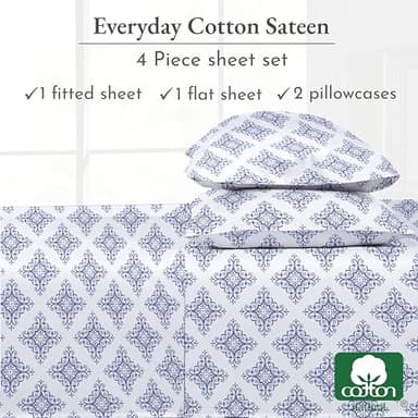 California Design Den Queen Bed Sheet Set, 100% Cotton Sateen Printed Pattern, Deep Pocket Queen Sheets & Pillowcase Set - Filigree - Image 4