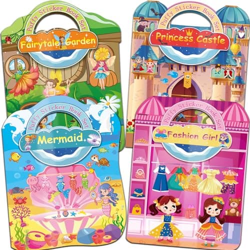 Kalysky Dress Up Sticker Books for Girls Ages 3+, Reusable Puffy 3D Sticker Books for Toddlers, Include Princess Mermaid Fairy and Fashion Girl,Activity Books for Toddlers 3-5 - Image 1