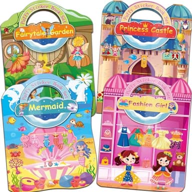 Kalysky Dress Up Sticker Books for Girls Ages 3+, Reusable Puffy 3D Sticker Books for Toddlers, Include Princess Mermaid Fairy and Fashion Girl,Activity Books for Toddlers 3-5 - Image 1