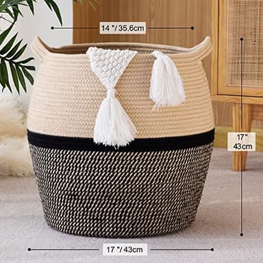 KAKAMAY Woven Baskets for Storage(17"x17"),Large Cotton Rope Woven Baby Laundry Hamper,Collapsible Laundry Basket, Blanket Basket for Organizing Living Room,Nursery,Clothes,Toy chest (Black) - Image 7