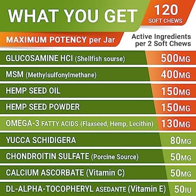 STRELLALAB Hemp Chews for Dogs - Hip & Joint Supplement with Glucosamine - Joint Pain Relief Treats - Omega 3, Chondroitin, MSM - Advanced Mobility Support - Chicken Flavor - 120 Ct - Made in USA - Image 4