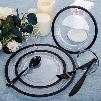 I00000 350 Pcs Clear and Black Plastic Plates,Black Dinnerware Set, Include 50 Dinner and 50 Dessert Plates,50 Plastic Cups,50 Per Rolled Napkins with Cutlery for Party,Wedding,Halloween - Image 2