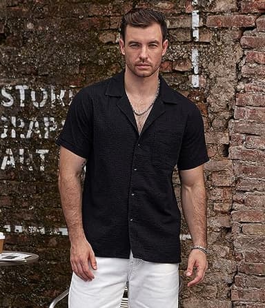 VATPAVE Mens Striped Summer Shirt Casual Button Down Short Sleeve Beach Shirts Cotton Linen Shirts for Men Large Pure Black - Image 2