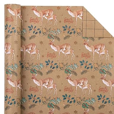 WRAPAHOLIC Kraft Christmas Wrapping Paper - Mini Roll - 17 Inch x 33 Feet - Reindeer Wrapping Paper with Holly Design for Christmas, Holiday, Party Celebration - Image 2