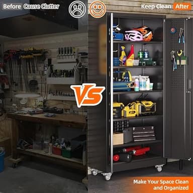 Aobabo Garage Storage Cabinet with Door Pegboard,Lockable Metal Storage Cabinet with 5 Adjustable Shelves for Garage Home,Required Assembly,Black - Image 4