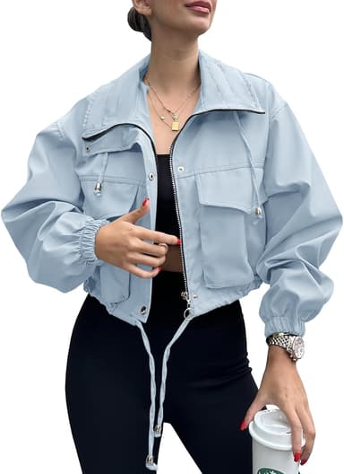 Tankaneo Womens Cropped Jacket Zip Up Lightweight Oversized Utility Anorak Coat with Pockets - Image 2