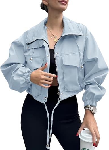 Tankaneo Womens Cropped Jacket Zip Up Lightweight Oversized Utility Anorak Coat with Pockets - Image 1