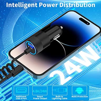 【MFi Certified】iPhone Car Charger Fast Charging, Caiinei 4.8A USB Car Charger Fast Charging Cigarette Lighter Adapter with 6FT Coiled Lightning Cable for iPhone 14 13 12 11 Pro XS Max Mini XR X 8 iPad - Image 3