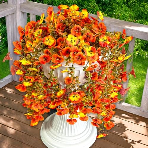 TSTWETO Artificial Fake Mums Flowers Plants for Outdoors, 2 PCS Artificial Hanging Silk Flowers Faux Pansies UV Resistant Look Real for Outside Porch Planter Home Decor - Image 1