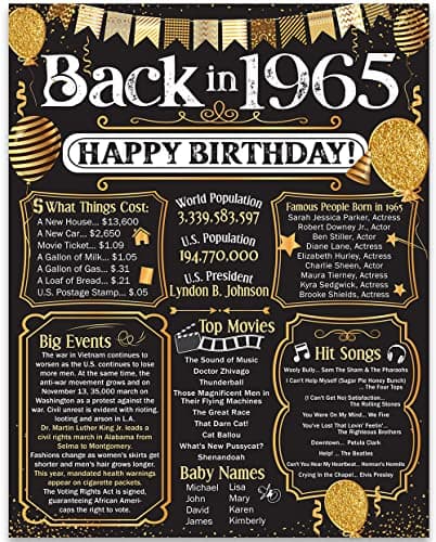 60th Birthday Party Decorations for 60th Birthday (Sixty) - Remembering The Year 1965 - Party Supplies - Gifts for Men and Women Turning 60 - Back In 1965 Birthday Card 11x14 Unframed Print