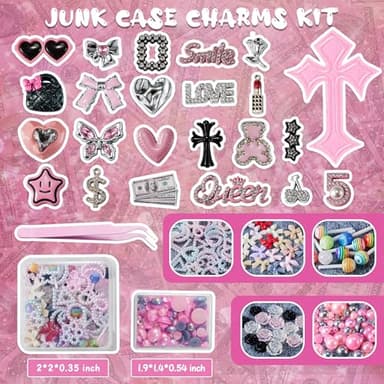 XHYMIA Junk Case Charms Kit, Junk Phone Case with Big Charms, Nail Bow Pearl Flatback Resin Charm for DIY Crafts Silver Pink - Image 2