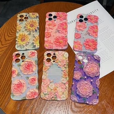 XIZYO Case for iPhone 16 Pro Max, Colorful Retro Oil Painting Flower Cute Floral Aesthetic Curly Wave Frame Laser Glossy Reflective Exquisite Stylish Protective Cover Women Girls-Flower/Purple - Image 4