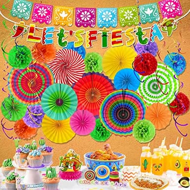 [ 5 Varieties ] 38 Pieces Cinco De Mayo Party Decorations, Fiesta Decorations Mexican Theme Party Supplies, Papel Picado Banner Paper Fans Pom Poms Hanging Swirls for Taco Tuesday Luau - Image 6