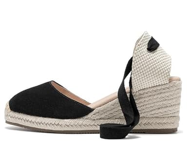 U-lite Womens Espadrille Wedge Sandals Closed Toe Platform Lace Up Ankle Strap Slingback Summer Dress Shoes Black Suede-2.5" 8.5 - Image 3