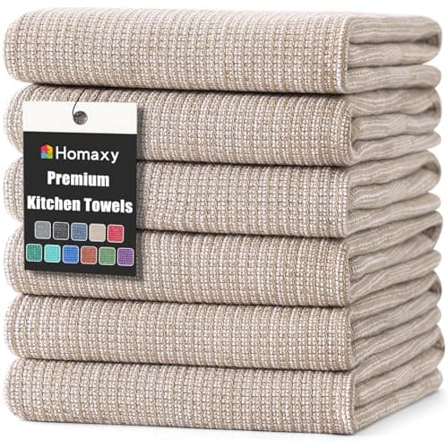 Homaxy Premium Kitchen Towels(18”x 28”, 6 Pack), Large Cotton Kitchen Hand Towels, Flat and Terry Dish Towels, 380 GSM Highly Absorbent Tea Towel Set with Hanging Loop, Khaki - Image 1