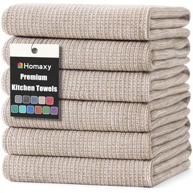 Homaxy Premium Kitchen Towels(18”x 28”, 6 Pack), Large Cotton Kitchen Hand Towels, Flat and Terry Dish Towels, 380 GSM Highly Absorbent Tea Towel Set with Hanging Loop, Khaki - Image 1