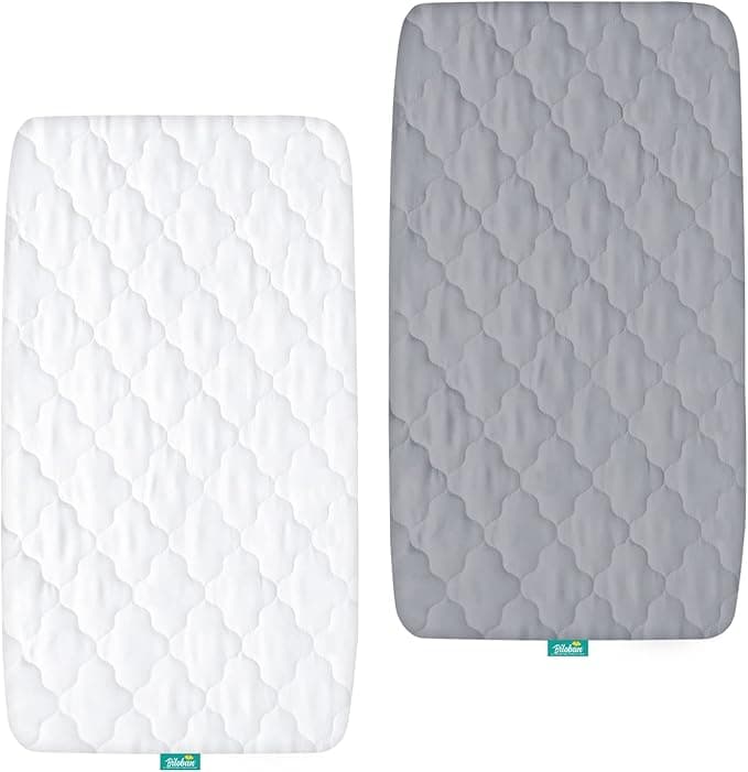 Bassinet Mattress Pad Cover Waterproof, Quilted Mattress Protector Sheets Fits All Mainstream Bassinet - Rectangle, Oval, Hourglass, 2 Pack, 17'' x 33'', Ultra Soft Breathable, White and Grey - Image 1
