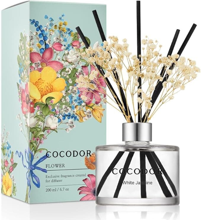 COCODOR Flower Reed Diffuser Set / 6.7oz / White Jasmine/Scent Diffuser with Sticks Home Fragrance Reed Diffuser for Bathroom Shelf Decor - Image 1