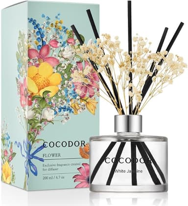 COCODOR Flower Reed Diffuser Set / 6.7oz / White Jasmine/Scent Diffuser with Sticks Home Fragrance Reed Diffuser for Bathroom Shelf Decor - Image 1