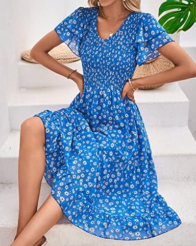 BTFBM Women Casual Summer Short Ruffles Tiered Sleeve Smocked Midi Dresses Bohemian Floral V Neck Wedding Guest Long Dresses - Image 4