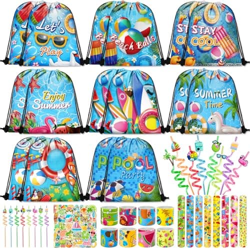 Grneric 98 Pcs Pool Party Favors Drawstring Bags Beach Party Favors Goodie Bags with Drinking Straws Slap Bracelets Stickers for Summer Pool Party Supplies - Image 1